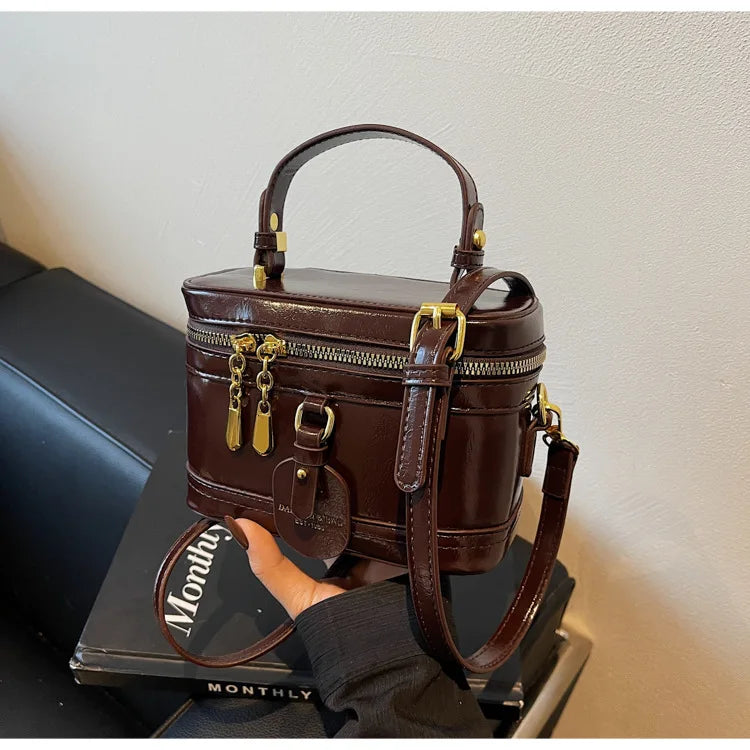 Vintage-Style Handbag Mini Box Crossbody Bag with Double Zipper Closure Elegant Compact Design for Daily Use 2026