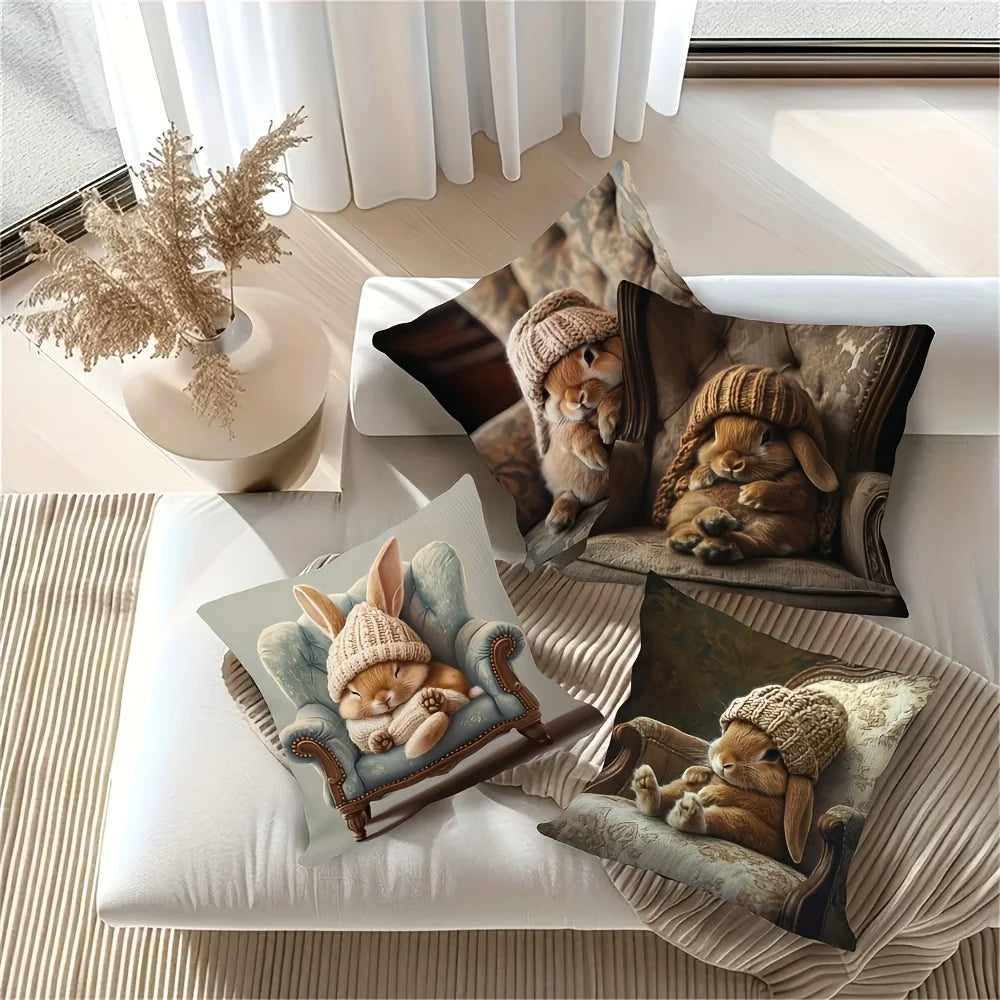 4Pcs Cute Rabbit Pillow Covers for Spring Summer & Easter - Soft Polyester Fiber, Single-Sided Print with Hidden Zipper