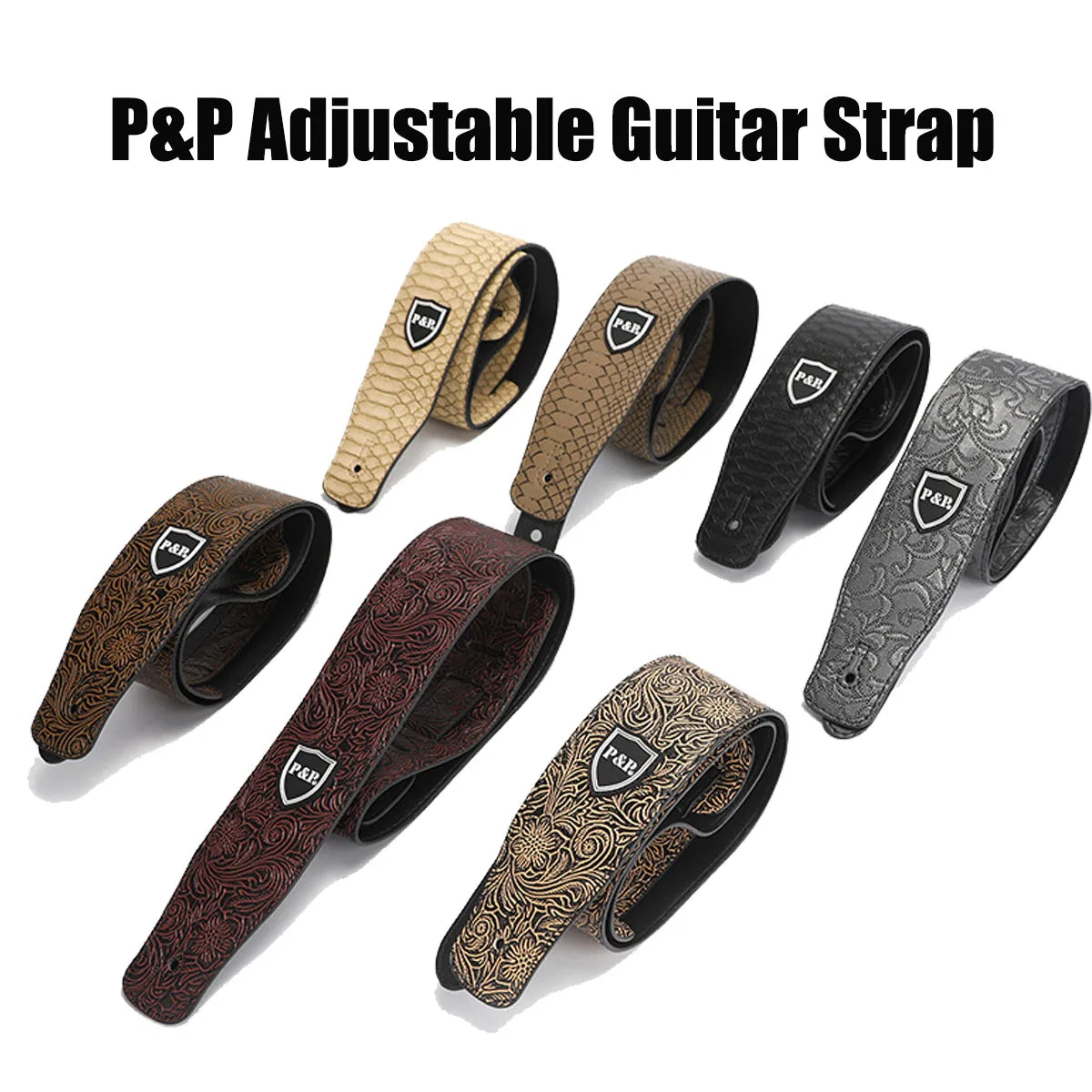 P&P Professional Guitar Strap | Anti-Wrinkle Polyester | Adjustable 33.8"-54.7" (86-139cm) | Leather Ends + Hidden Pick Clip