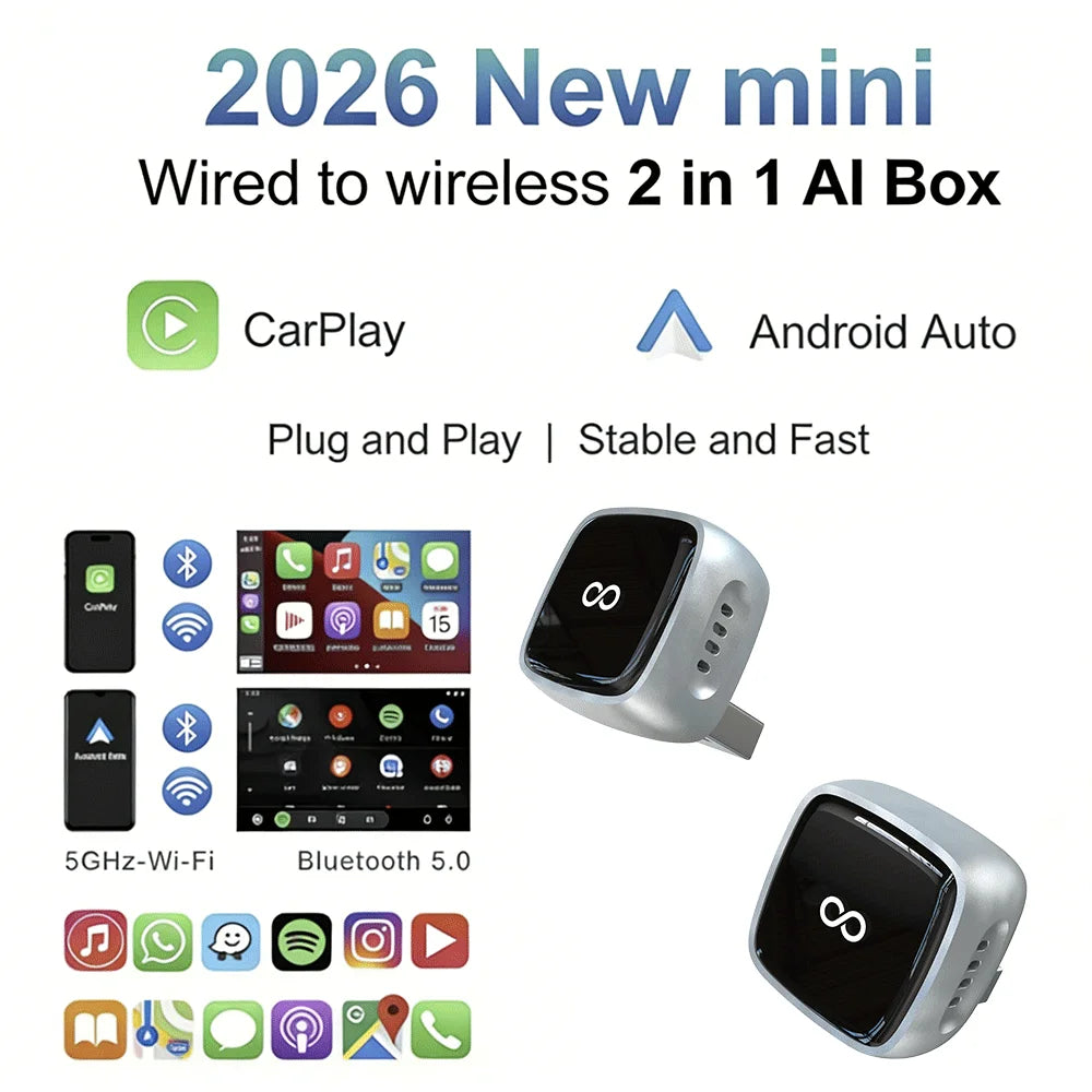 Wireless Carplay Adapter & Android Auto 2026 Upgrade Wired CarPlay to Wireless,2-in-1 Mini USB Design with Fast Stable Connectio