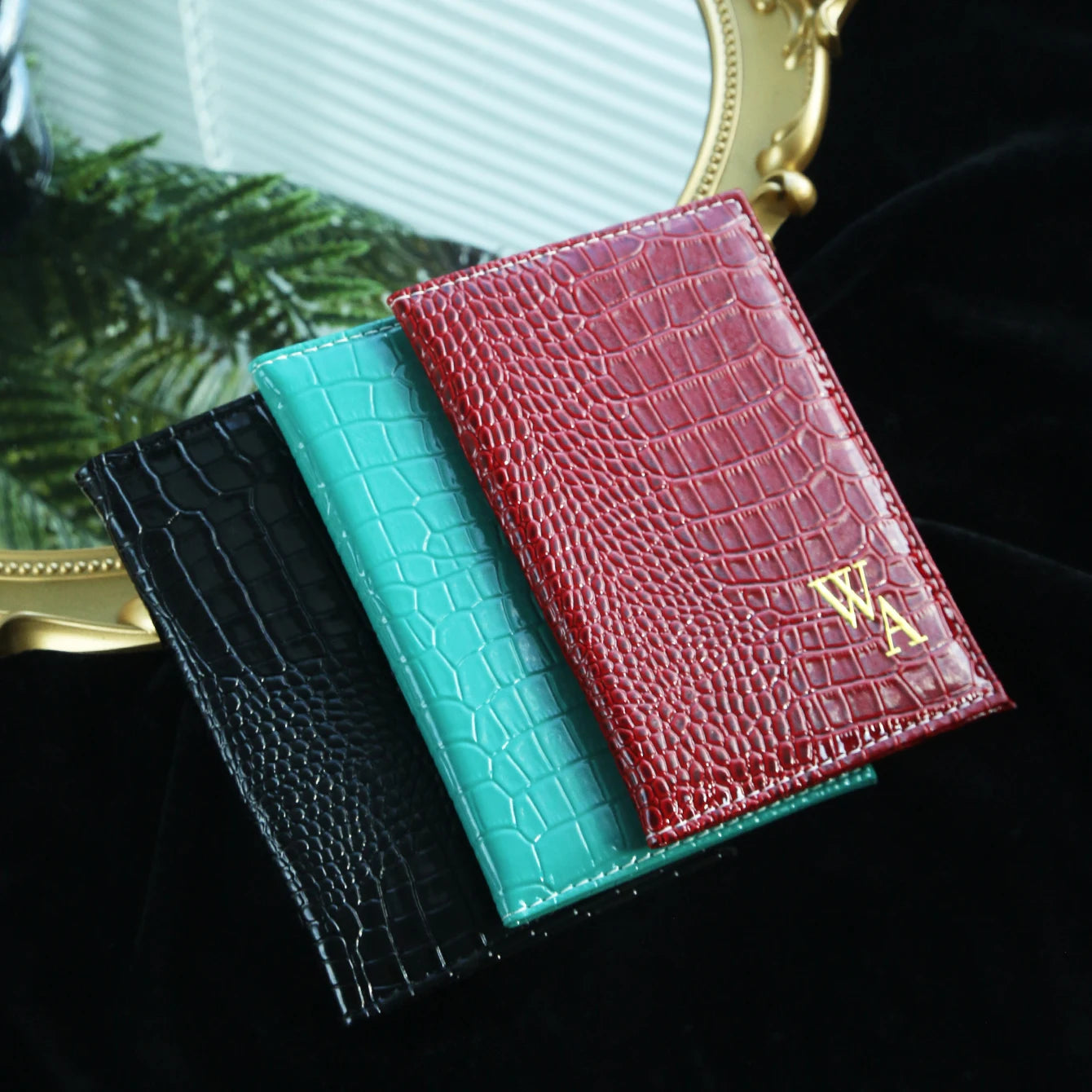 Customized Initial Passport Holder & Luggage Tag Set Personalized Gold Silver Monogram Embossed Crocodile Leather Travel Gift