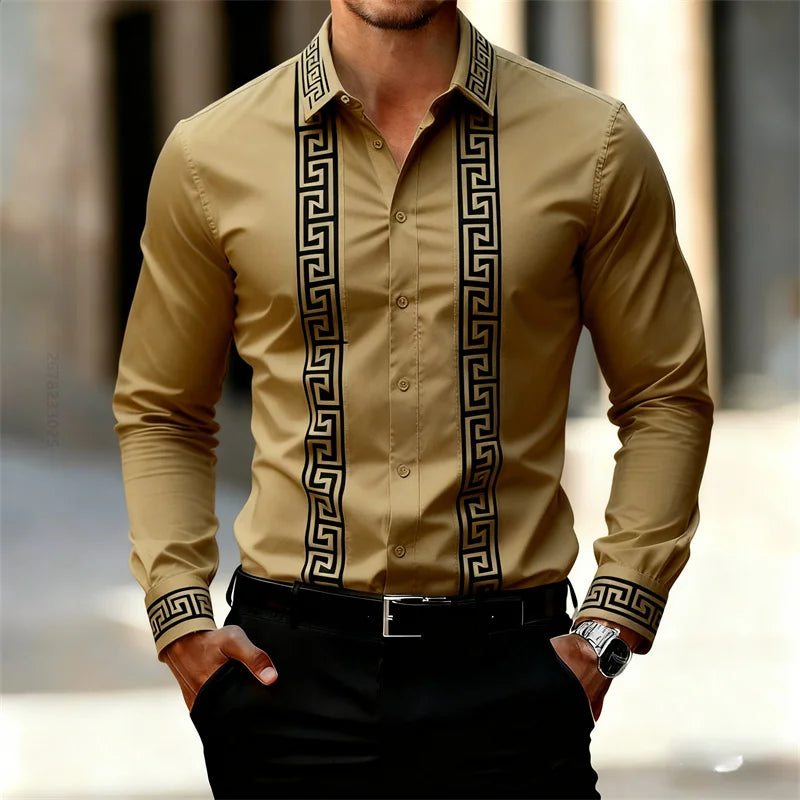 Men's Retro Geometric Print Shirt, Stylish Long-Sleeve Black Shirt, Business Casual Men's Top