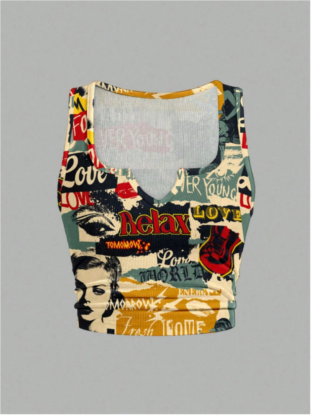 Plus Size Women Vintage Newspaper Collage Graphic Print Notch V Neck Ribbed Sleeveless Crop Tank Top Side Ruched Slim Fit Y2K St