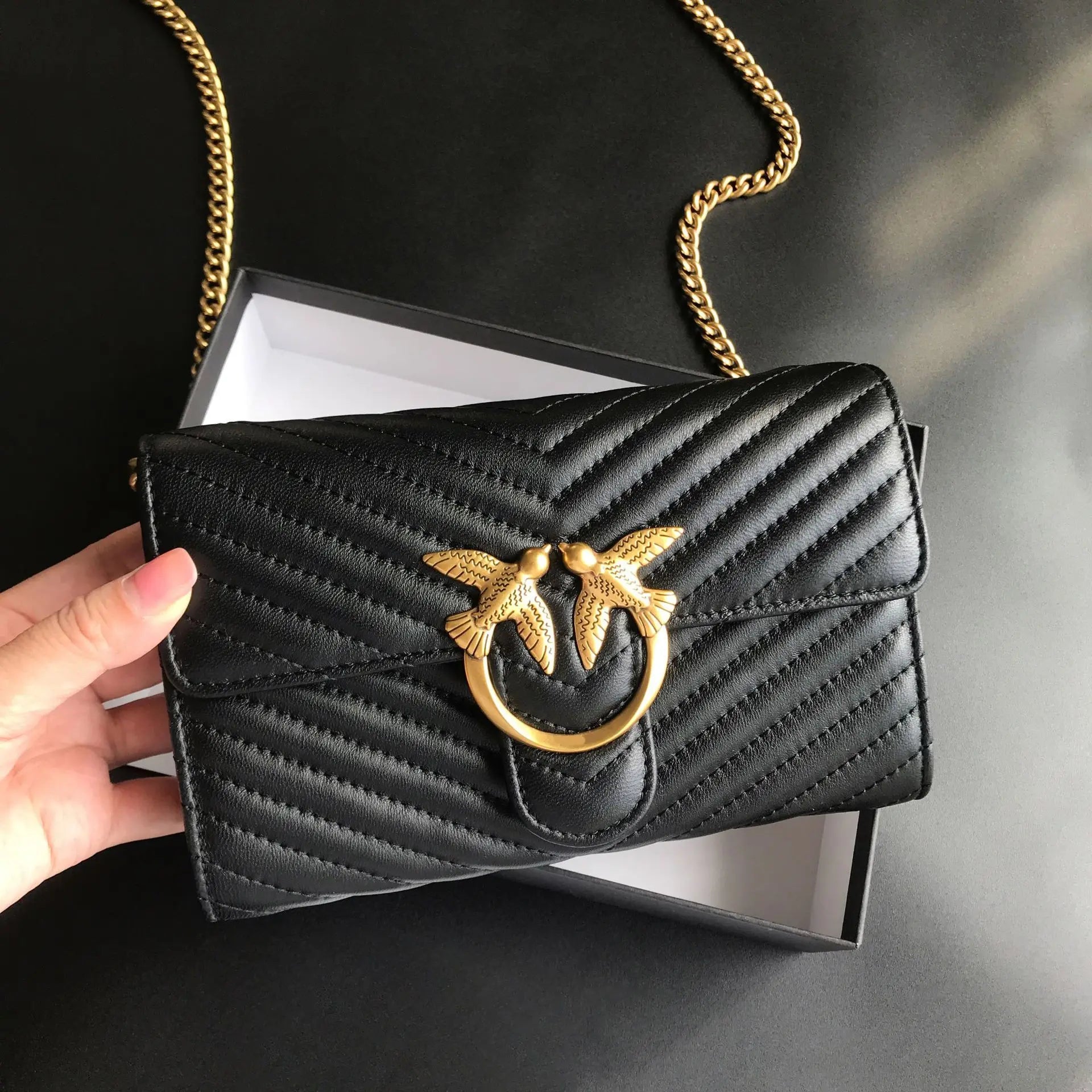New pinko-style genuine leather swallow bag, envelope small wallet, chain shoulder bag, crossbody bag, clutch, women's handbag