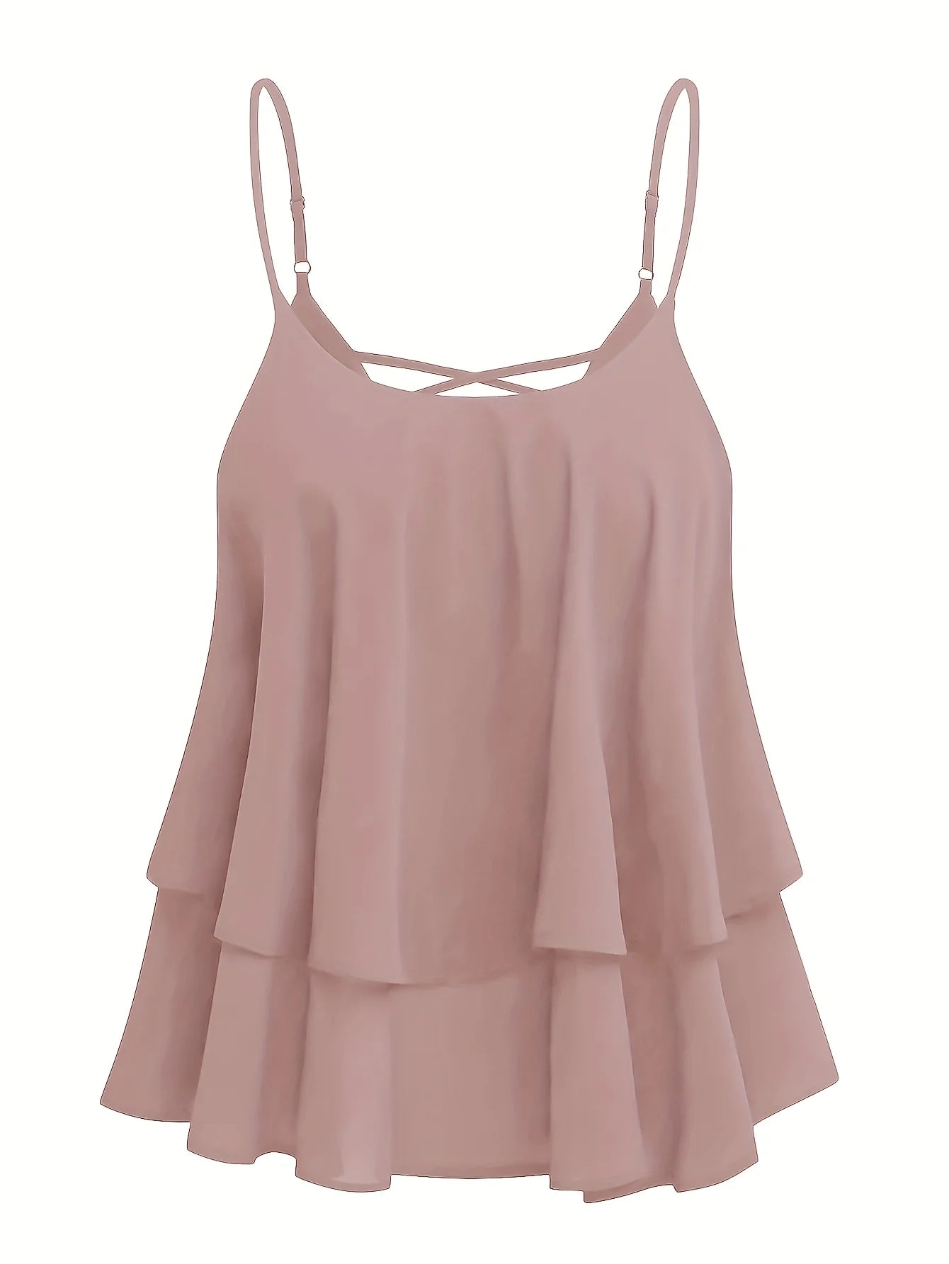 Plus Size Ladies Solid Color Chiffon Double Layer Meat Concealing Top with Fine Strap Cross Back Design for Daily Commuting And