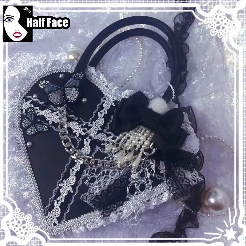 Y2K Girls Harajuku Womens Gothic Steam Punk One Shoulder Subculture Underarm Black Lolita Pearl Chain Design Crossbody Bags Tote
