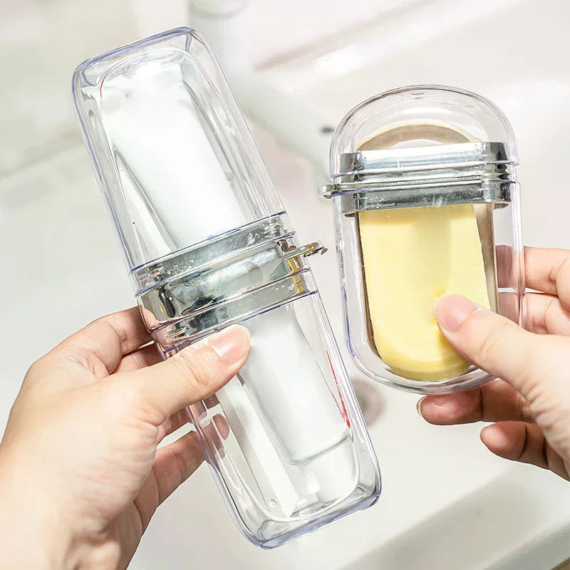 2pcs/Set Portable Soap Holder Toothbrush Case Durable Plastic Travel Essentials Toiletry Set Easy-Clean Gym Bathroom Accessories