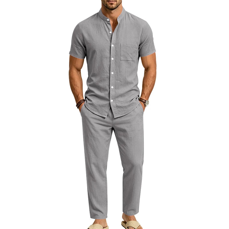 Men's Linen Popular Breathable Simple Two-Piece Set, Stand Collar Short-Sleeve Shirt with Straight-Leg Casual Pants