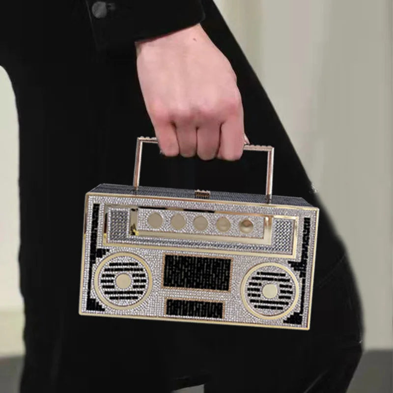 2024 Luxury Designer Full Diamond Evening Clutch Bag Ladies 3D Rhinestone Radio Handbag Fashion Party Shiny Crystal Shoulder Bag