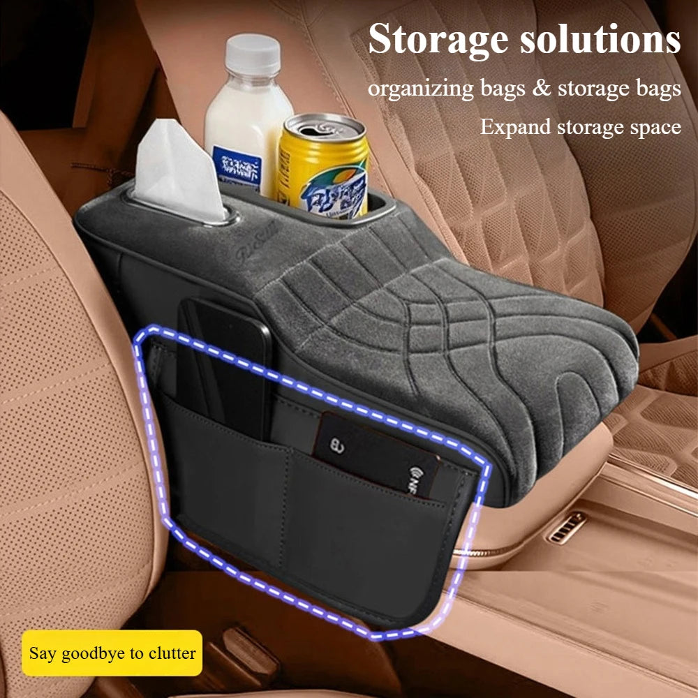 High-Low Style Suede fabric Car Armrest Box Cushion - an Armrest Cover with 2 Side Pockets, 2 Cup Holder,and 1 Tissue Box.
