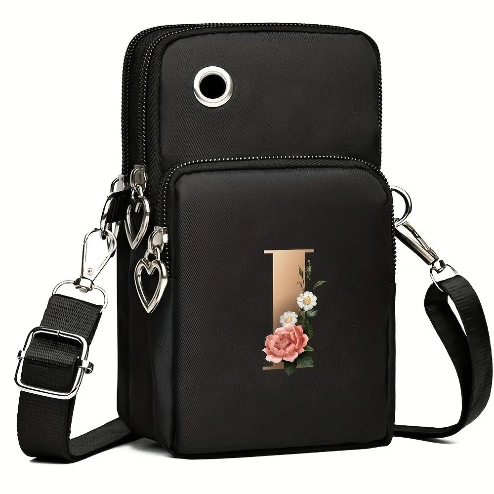 Fashion A-Z Letter Print Women's Crossbody Bag Large Capacity Three-Layer Zipper Phone Bag Daily Travel Coin Purse