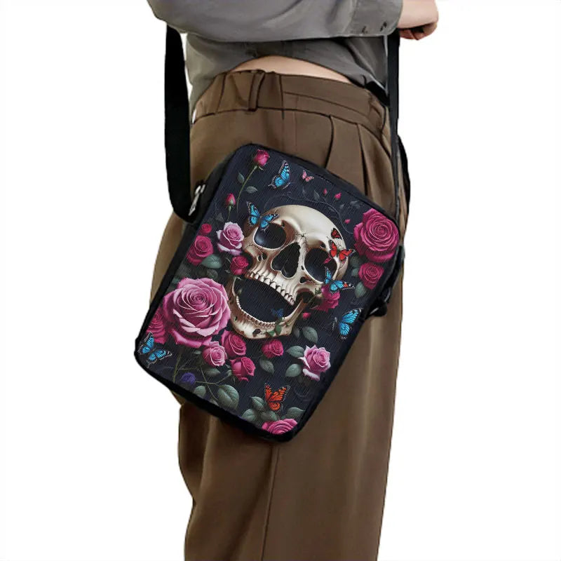 Skull Rose Butterfly Print Crossbody Bag Women Shoulder Bags for Travel Handbags Phone Holder Student Messenger Bags Gift