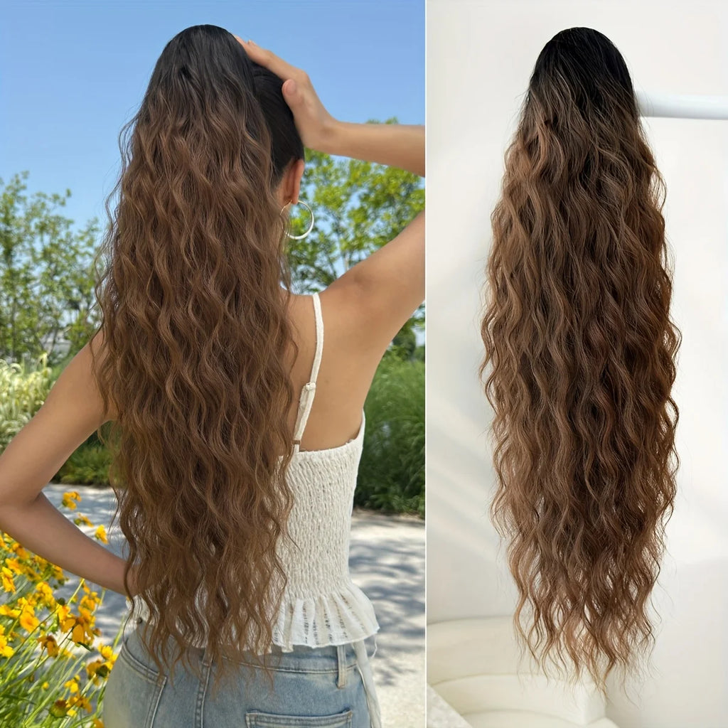 AOOSOO Synthetic Water Ponytail Hair Extension Clip On Woman's Ponytail Hair Accessories Long Curly Wig Natural Curly Black