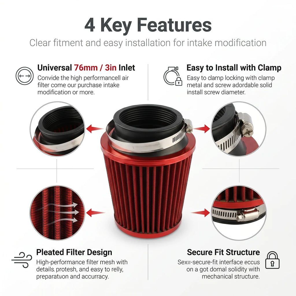 1pc Durable 76mm 3" Universal Car Air Filter High Flow Reusable Cotton Gauze Intake Filter For Motorcycle Automobile Modificatio