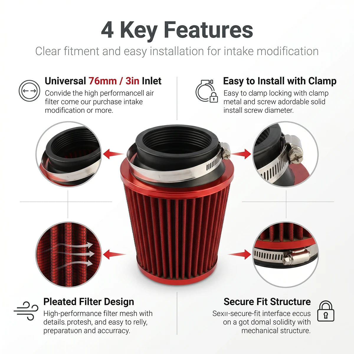 1pc Durable 76mm 3" Universal Car Air Filter High Flow Reusable Cotton Gauze Intake Filter For Motorcycle Automobile Modificatio