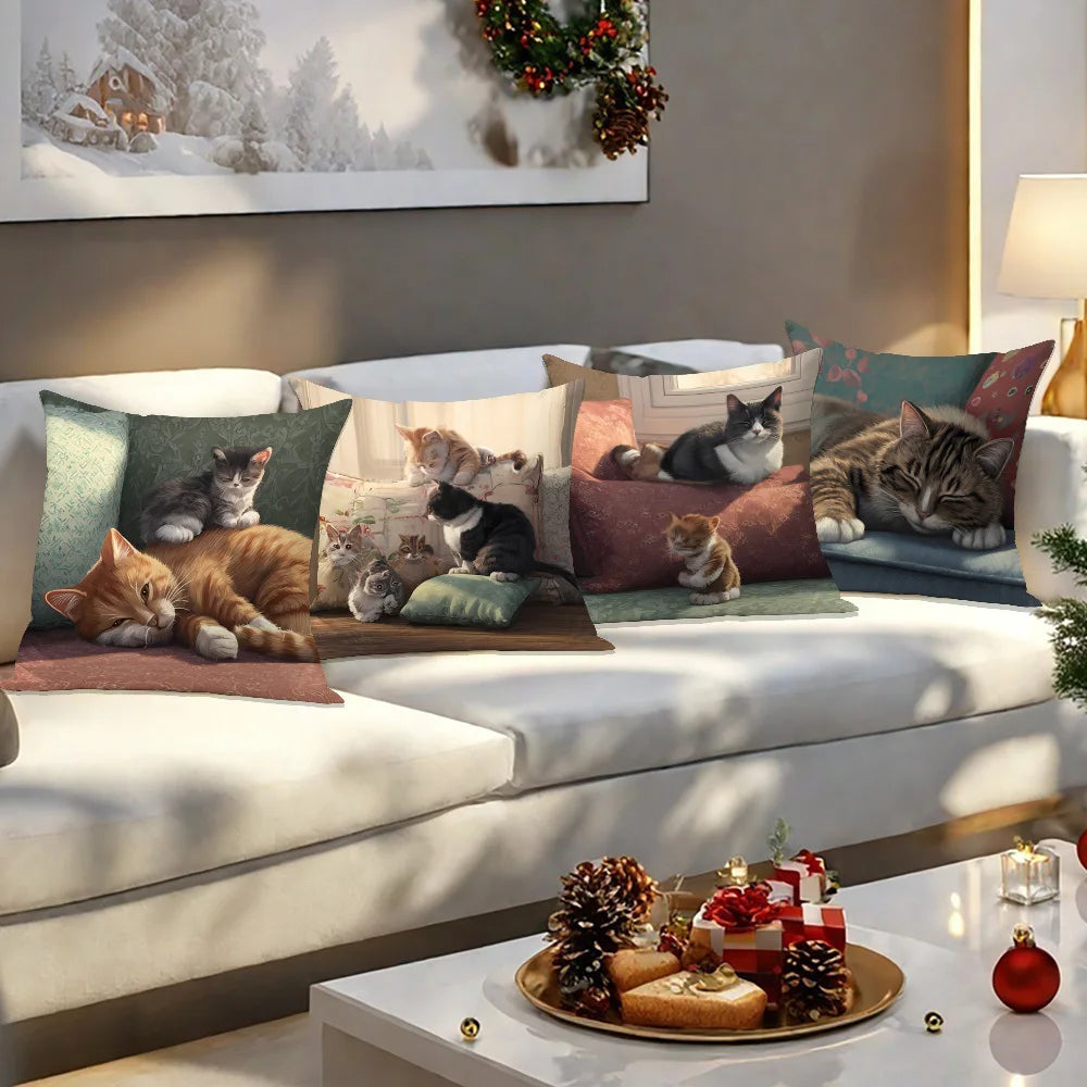4 Pillow Covers Cute Cat Theme Decorative Cushion Covers Featuring Charming Cats In Cozy Home Settings Perfect For Your Living