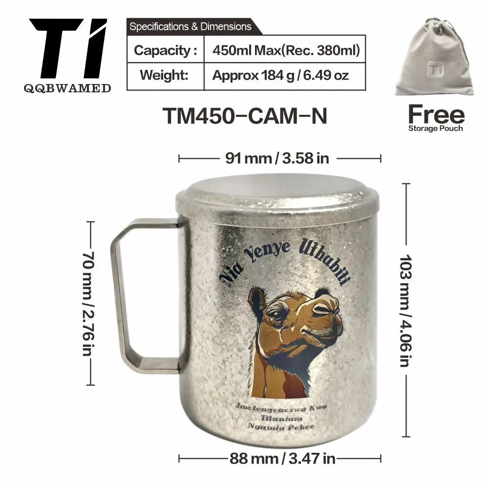 Titanium Mug Double-Layer Anti-Scald Titanium Cup Camping Coffee Cup 450ml Cat and Dog Themed Couple's Cup