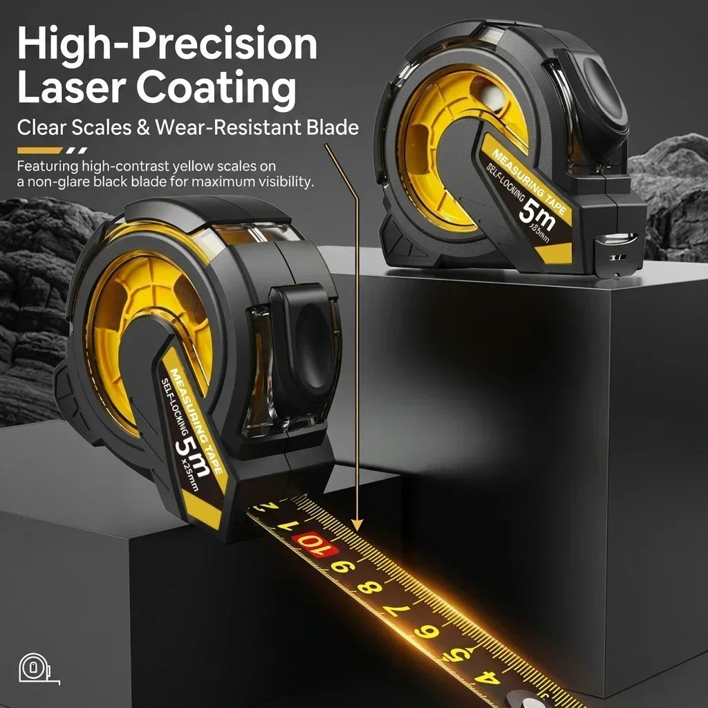 Professional Self-Locking Tape Measure  5m / 10m, High Precision Measuring Tape Black Gold Blade Shockproof ABS Case