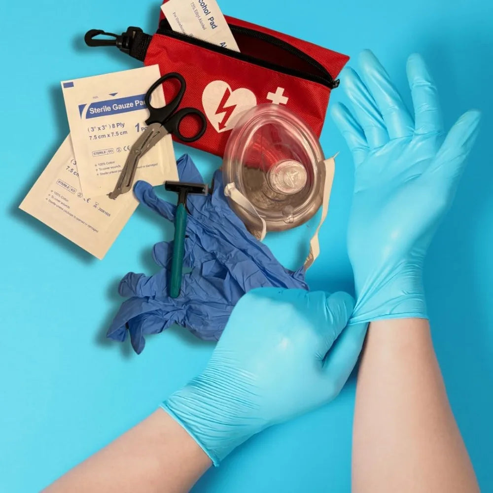 First Aid Adult and Infant CPR Mask Combo Kit AED Response kit with Valves Vinyl Gloves Alcohol Prep Pads