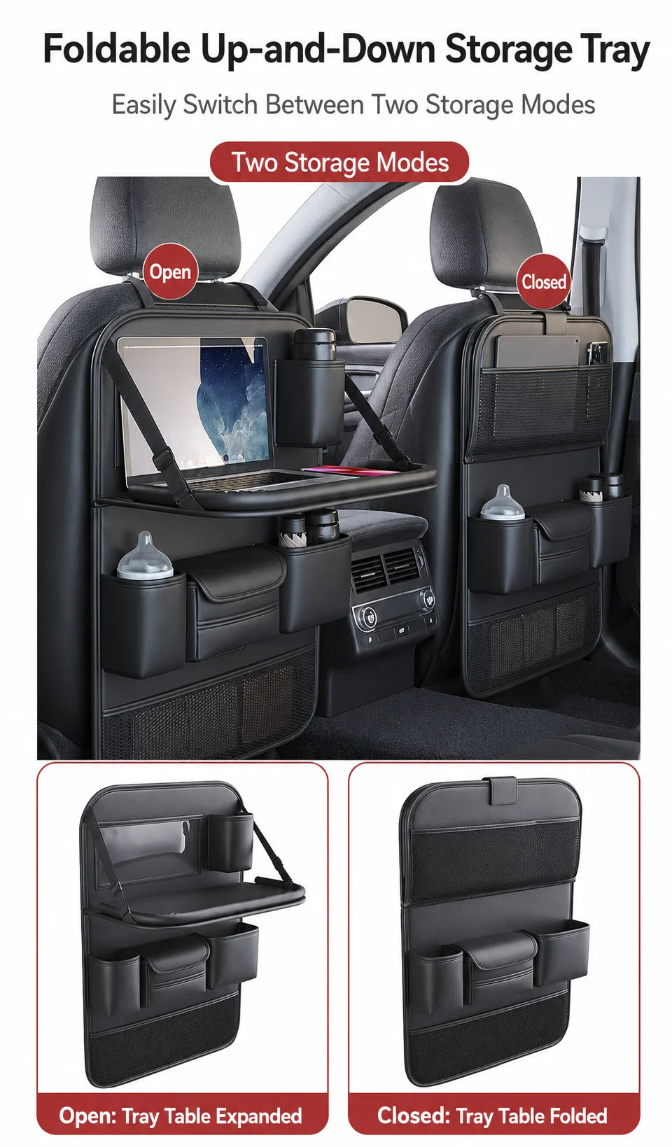 Car Seat Back Organizer with Kids Folding Tray Table, Hanging Storage Bag for Back Seat Travel Dining Desk