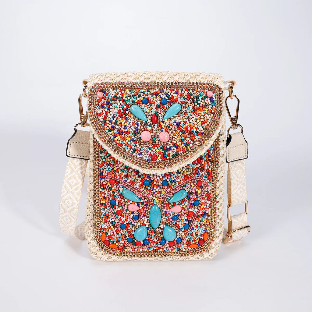Advanced straw woven crossbody bag, new fashionable rice bead bag, European and American woven women's shoulder phone bag