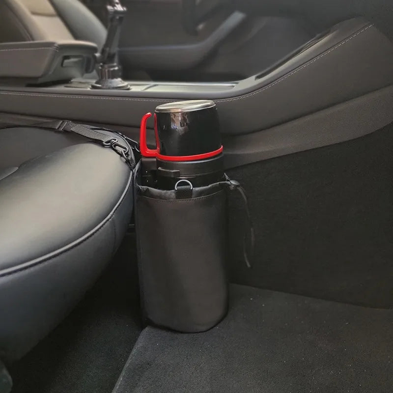 Universal Car Water Bottle & Thermos Holder For Center Console Side Mount with Storage Pocket Adjustable Strap Interior Organize