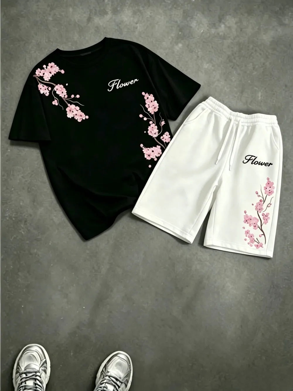 American men's summer cherry blossom print comfortable breathable round neck T-shirt drawstring shorts set outdoor casual wear