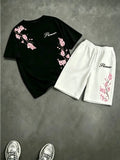 American men's summer cherry blossom print comfortable breathable round neck T-shirt drawstring shorts set outdoor casual wear