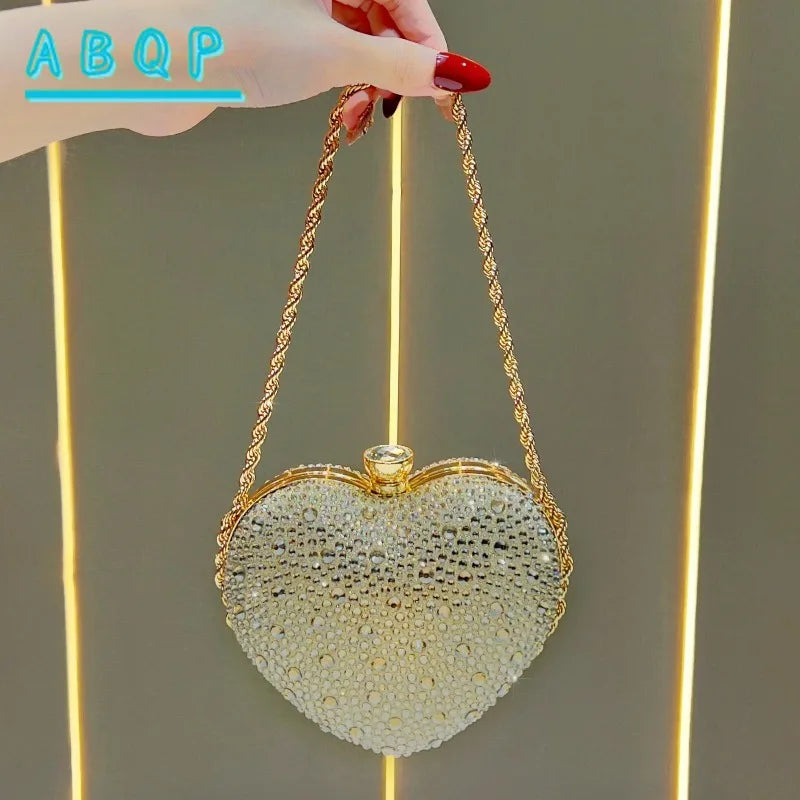 Dinner Handbag Luxury Brand Diamond-encrusted Dinner Party Women's Shoulder Bag Heart-shaped Fashion Shining Mini Women's Bag