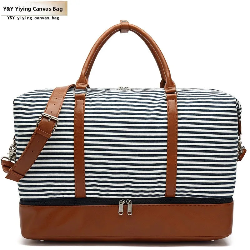 Fashionable Striped Canvas Travel Bag Waterproof Handheld Luggage PU Sports Bag Storage Wet And Dry Separation Bag Leisure Tr...