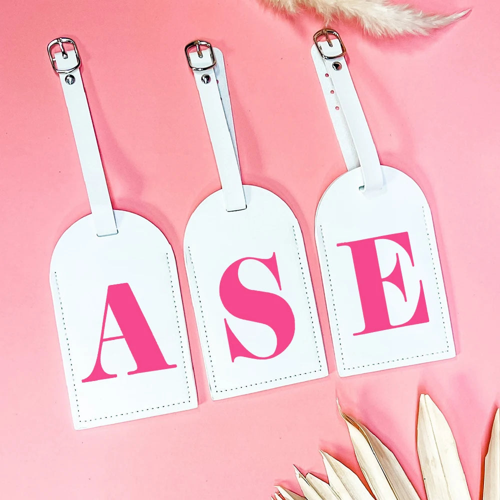 Rose Pink Initial Monogram Luggage Tag Bachelorette Party Favors Girls Trip Travel Gift PU Leather for Suitcase Baggage Handbag