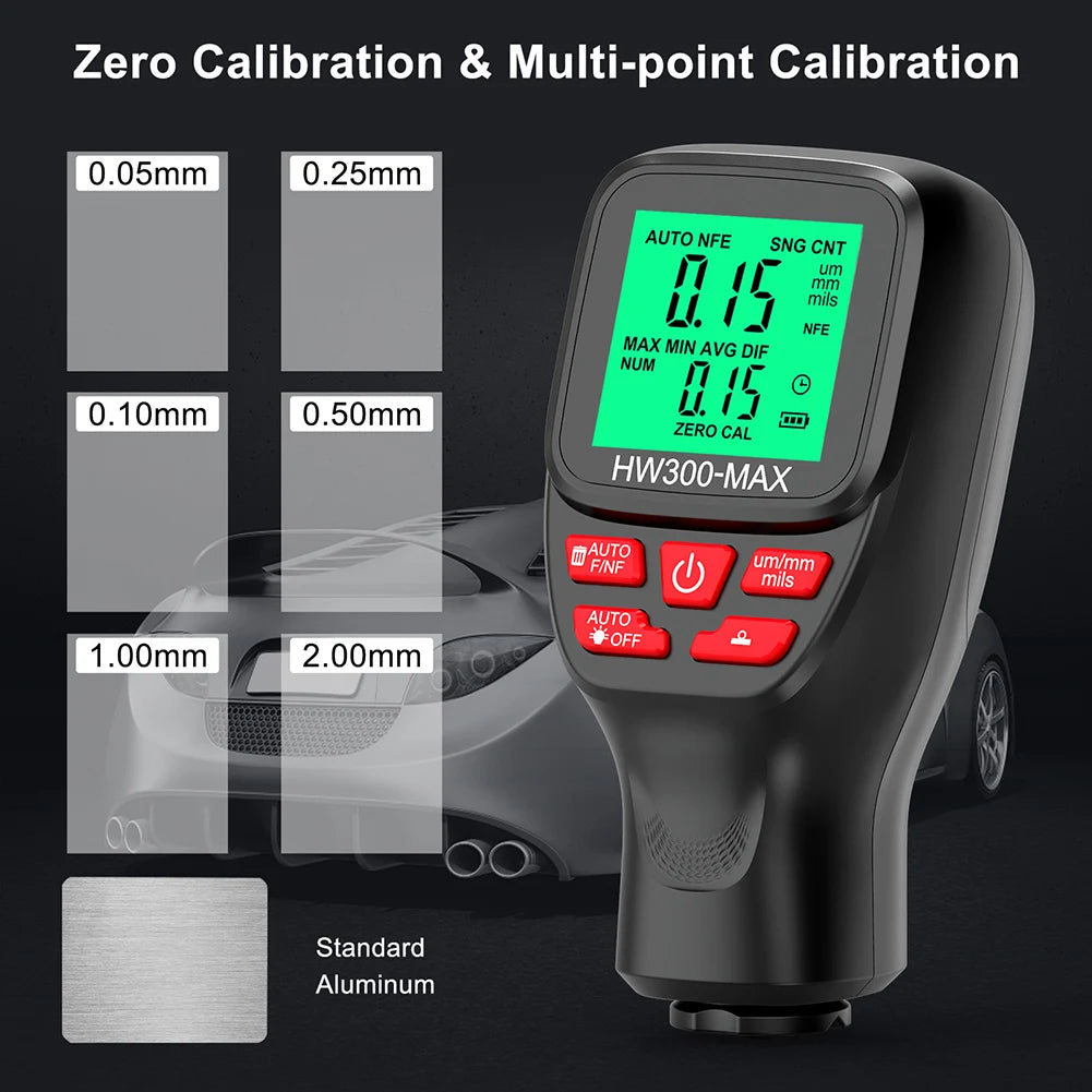 HW300-MAX Car Paint Film Automatic Thickness Gauge 0-2000UM Fe & NFe Auto Power Off Car Coating Thickness Tester Automotive Tool
