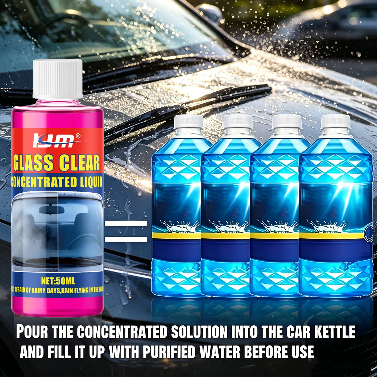 KJM Concentrated Car Glass Cleaner Windshield Washer Fluid Additive Streak-Free Formula for Clear Driving Vision