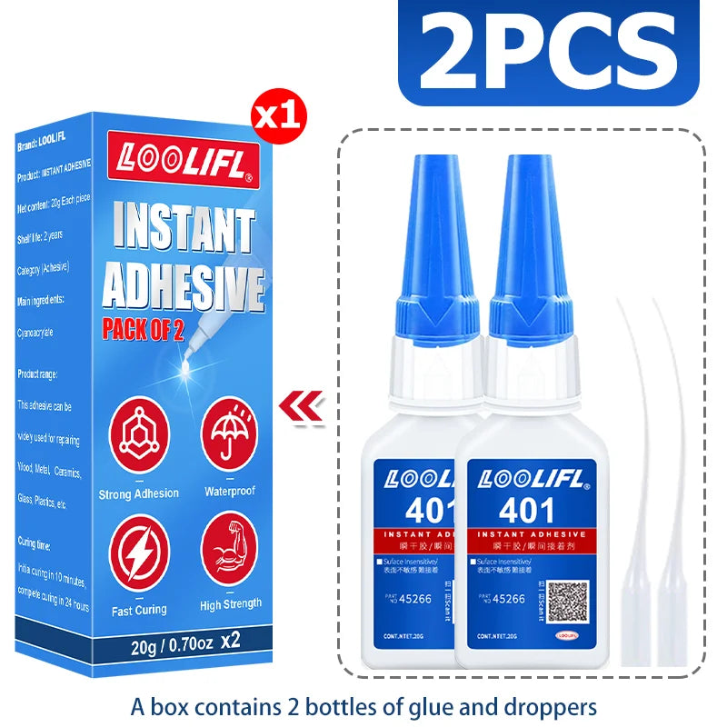 20ml, strong transparent 401 adhesive, rubber repair, multifunctional adhesive for metal plastic parts. Excellent bonding tool.