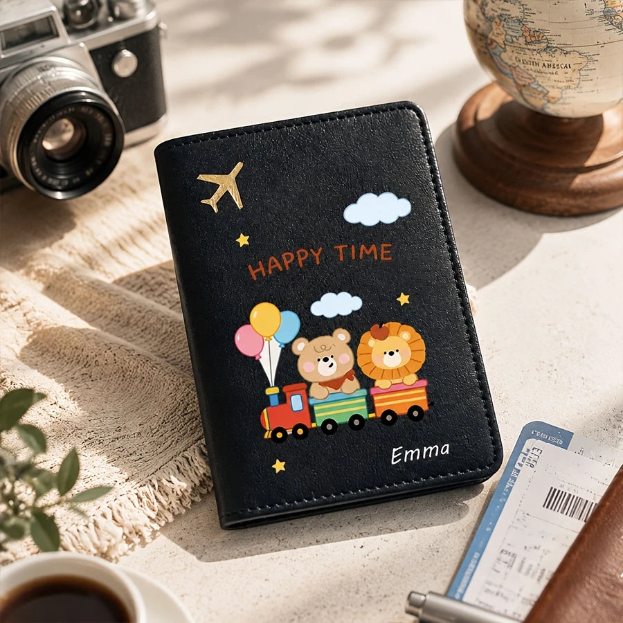 Custom Cute Cartoon Animal Bear-pattern Passport Cover with Custom Name, Text Passport Book Holder, Passport Protector