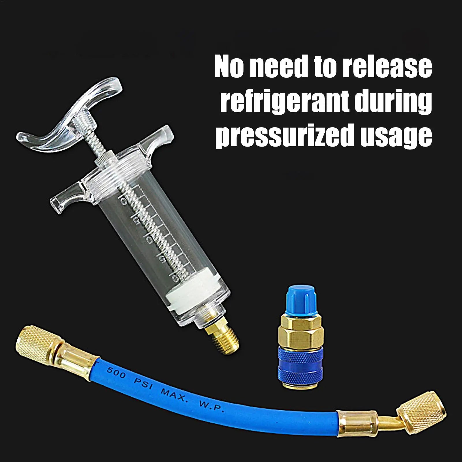 Car A/C Oil&Dye Injector 1Oz with R134A Low Side Quick Coupler Adapter 1/4 Air Conditioning Oiler Injection Syringe Repair Tools