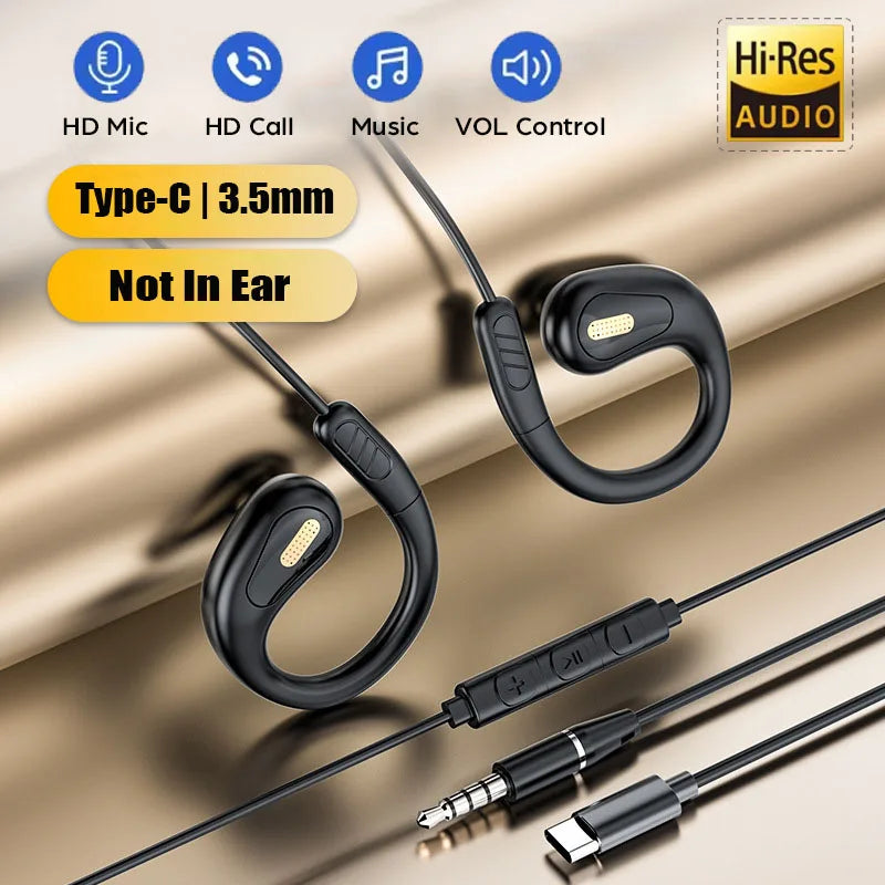 Wired Open Ear Sports Gaming Headset 3.5mm Type-C Not-in Ear Headphones Hifi Sound Music Earphone with ENC MIC for Clear Calls