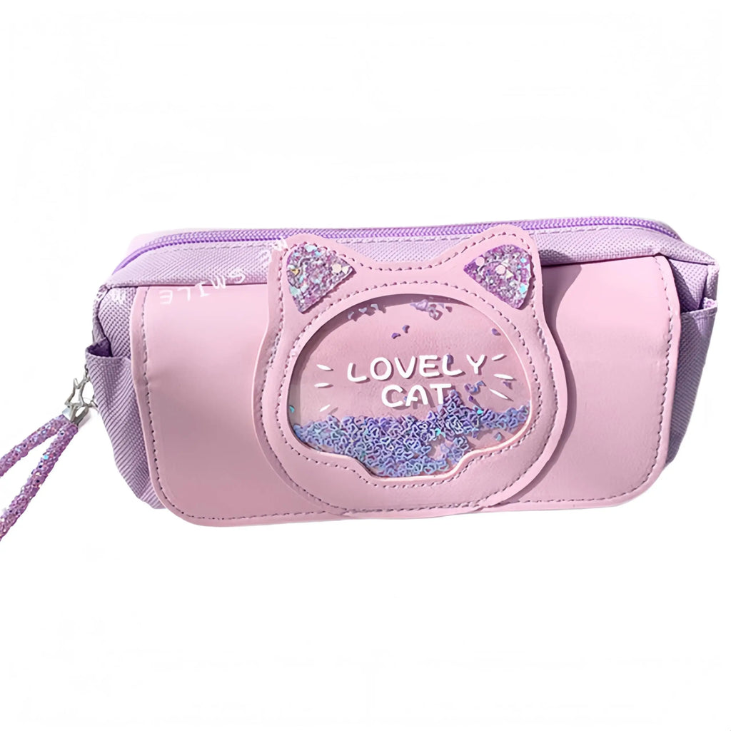Cute Cat Head Quicksand Pencil Case Exquisite Large Capacity Three-Layer Classification Storage Bag with Handle Purple Pink Blue