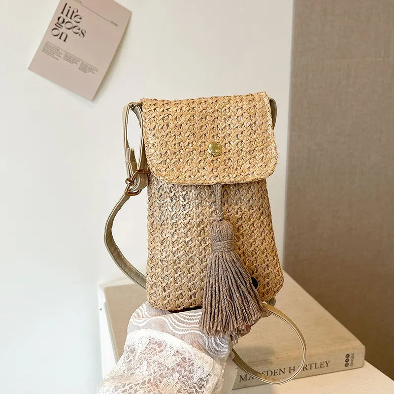 Summer New Straw Woven Phone Bag, Versatile Tassel Single-shoulder Small Bag, Crossbody Bag, Fashionable