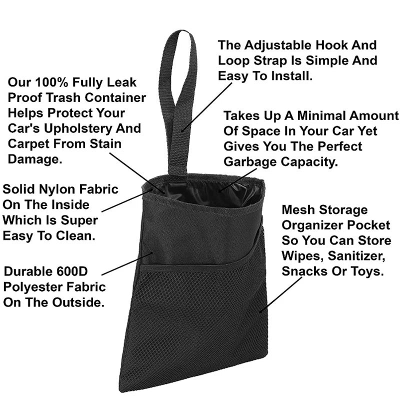 Hanging Car Trash Bag Slim Garbage Can Storage Pocket Adjustable Strap to Hang in The Front or Back Seat Trash Bin for Car