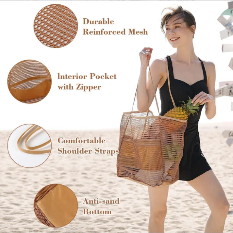 Foldable Mesh Beach Bag, Portable Net Tote Handbag Women Single Shoulder Bag Outdoor Travel Casual Storage Shopping Bag