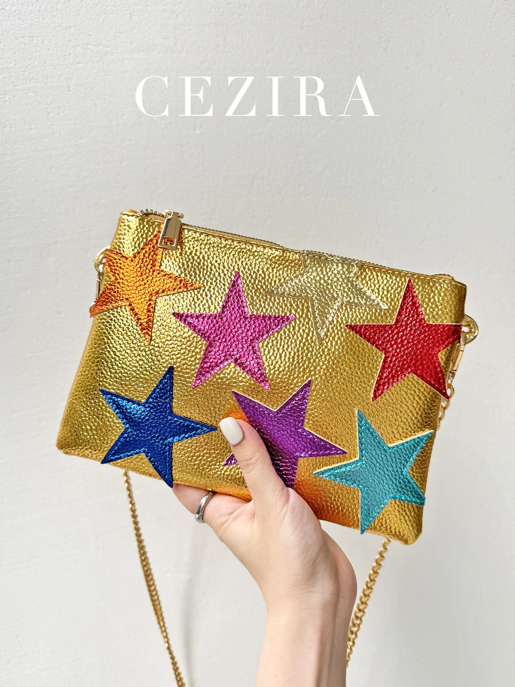 Luxury Chic Women Metallic PU Vegan Leather Square Clutch Stars Pattern Colorful Stripes Chain Shoulder Handbag Party Date Gift
