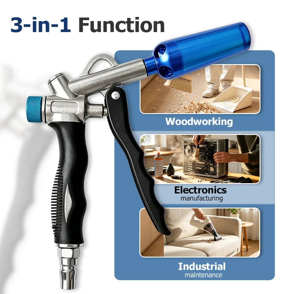 3-IN-1 Adjustable Air Blow Gun High Flow Pneumatic Dust Gun with 1/4" Air Inlet for Industrial Cleaning/Workshop Pneumatic Tool