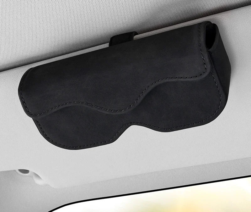 Premium Car Sun Visor Sunglasses Holder Leather Glasses Case Auto Interior Organizer Ticket Card Clip One-Hand Operation Mount