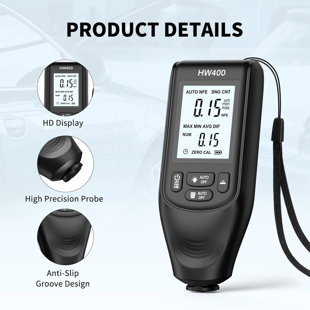 HW400 Car Coating Thickness Gauge 0.1micron/0-2000um Car Paint Film Thickness Tester Measuring Tool Fe & NFe Coating Meter