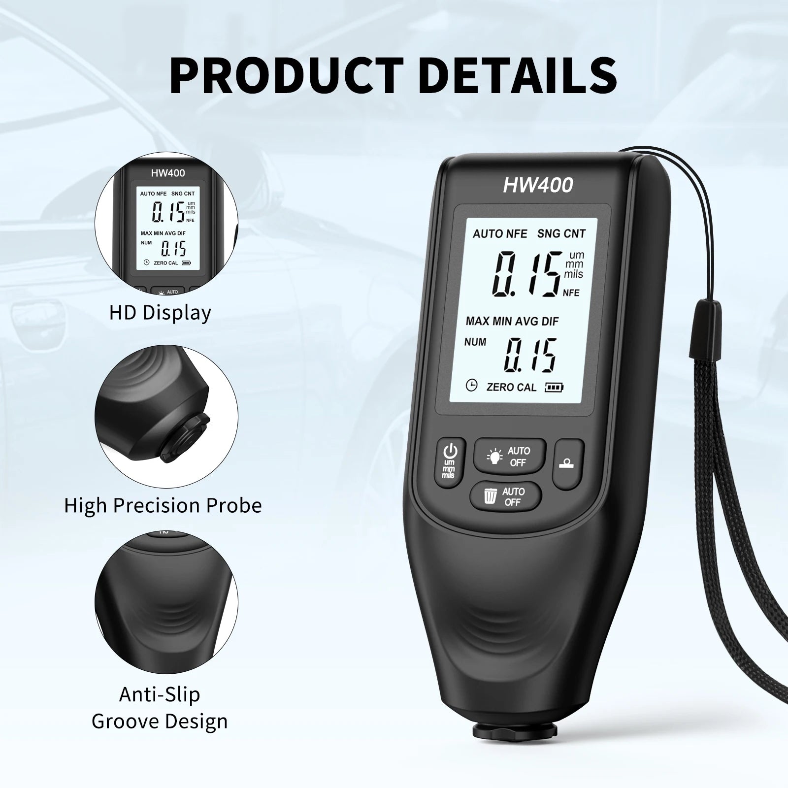 HW400 Car Coating Thickness Gauge 0.1micron/0-2000um Car Paint Film Thickness Tester Measuring Tool Fe & NFe Coating Meter