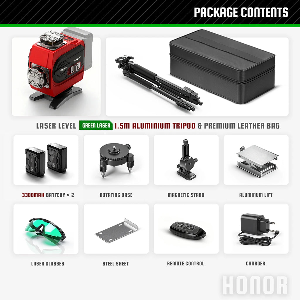 YEVOLT 360° Self-Leveling 16-Line Laser Level (Red/Green Beam Options) - Ultra-Clear for Indoor/Outdoor Use Rechargeable Battery