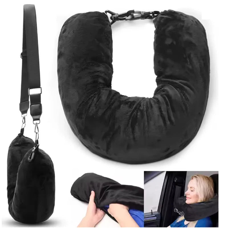 Travel Neck Pillow With Fillable Clothing U-Shaped Pillowcase, Extra Storage Bag, Velvet Neck Pillow Cover For Airplane Travel