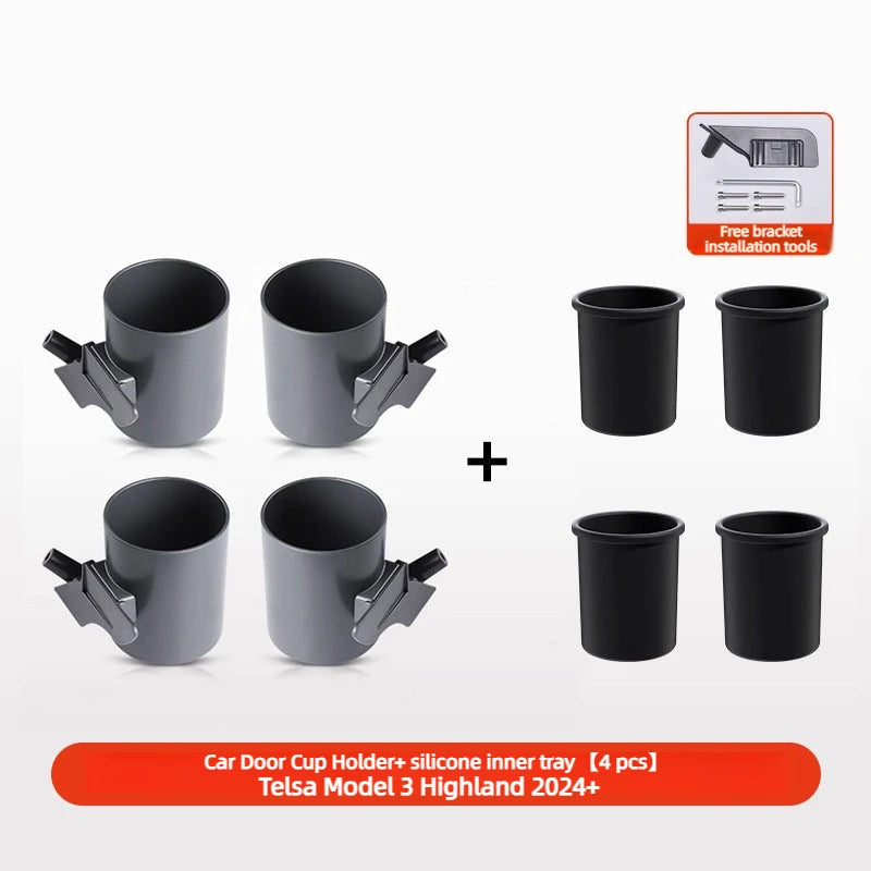 Set Car Door Cup Holder for Tesla Model 3 Highland  Model YJuniper 2025 4Pcs Handle Coffee Drink Holder Box Car Accessories