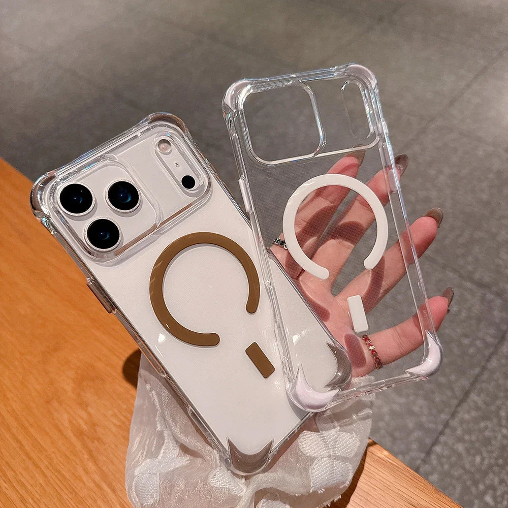 Trendy INS Clear Magnetic Charging PC Case For IPhone 17 Air 16 15 14 Plus 13 12 Pro Max Four-Coner Airbag Shockproof Hard Cover